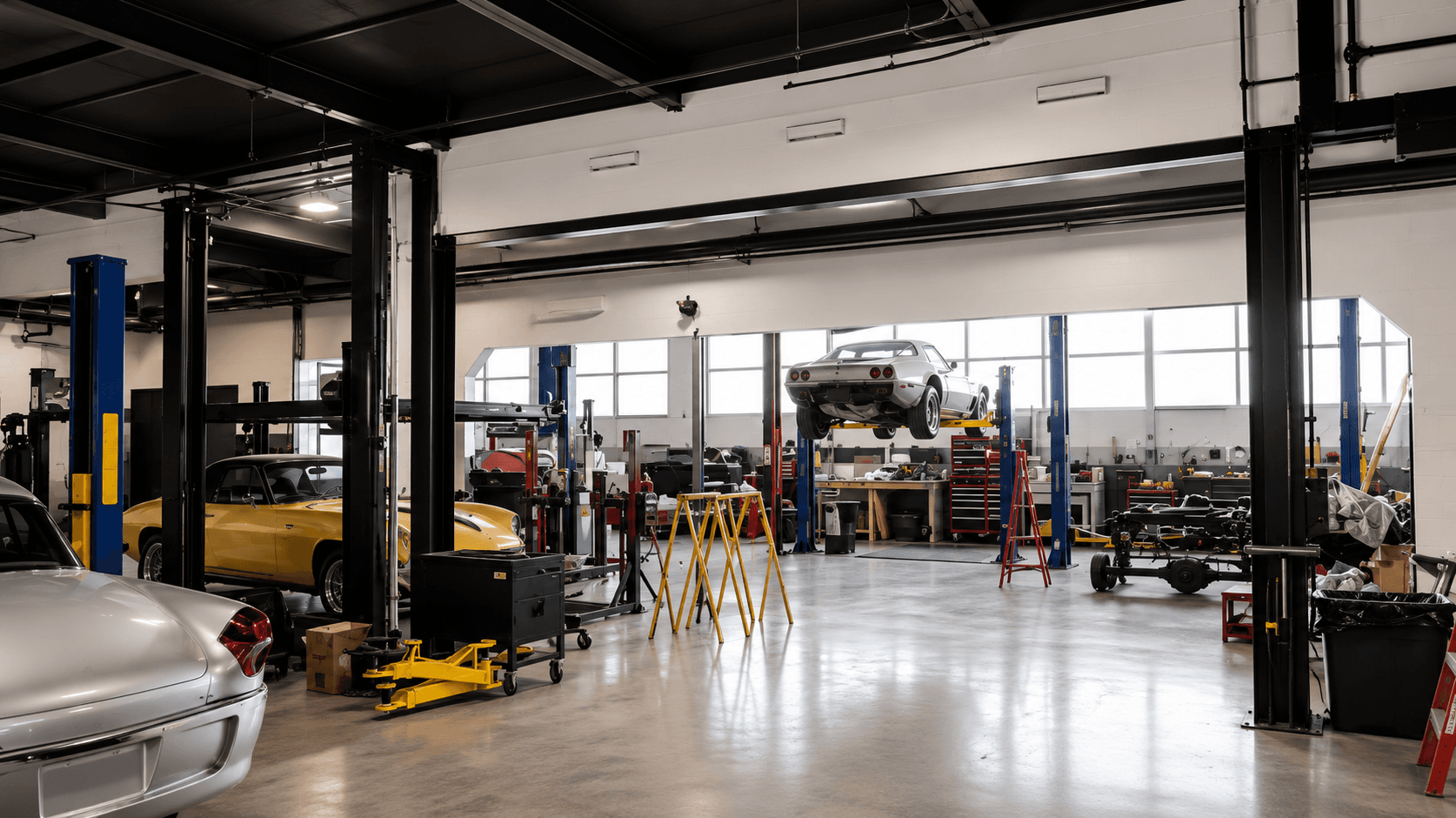 Open service bays with cars on lifts inside PMD Garage
